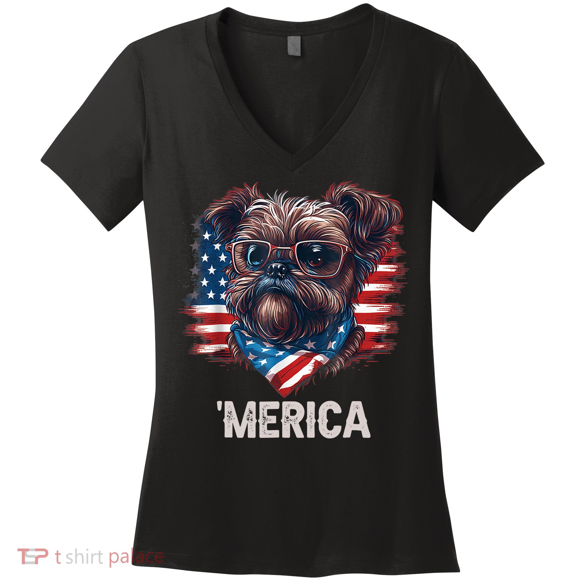 4th Of July Patriotic Brussels Griffon Dog Merica Women's V-Neck T-Shirt