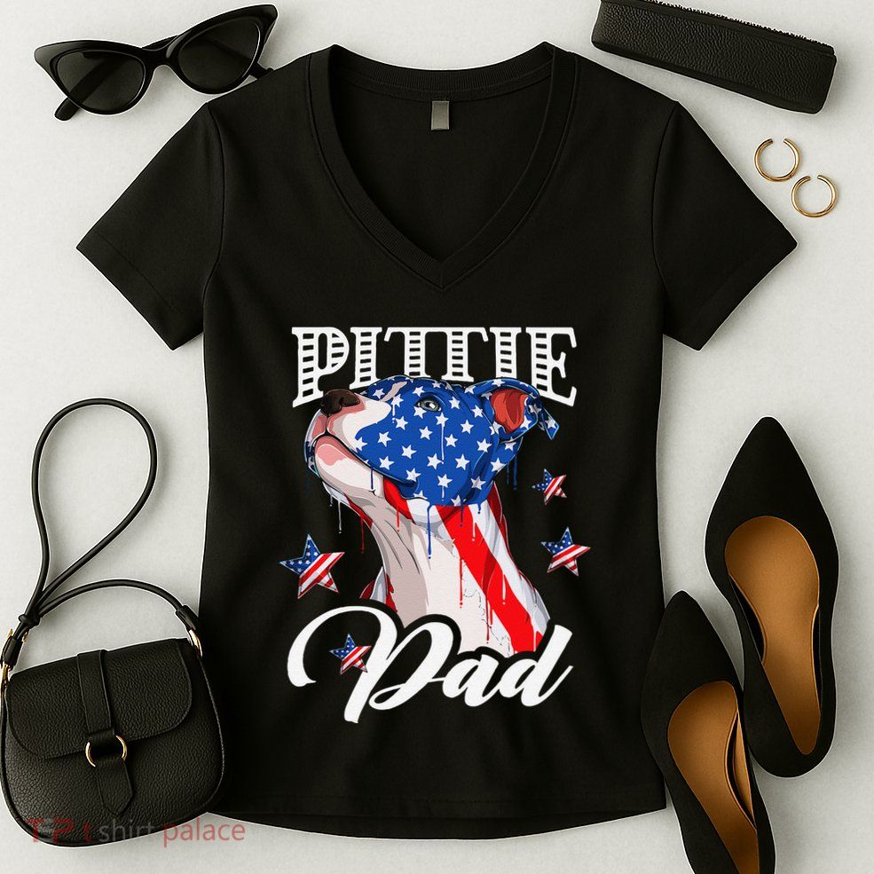 4th Of July Pittie Dad American Flag Pitbull Dog Lover Women's V-Neck T-Shirt