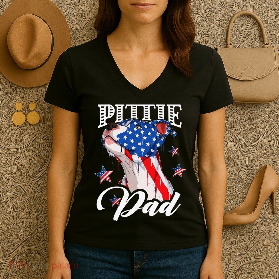 4th Of July Pittie Dad American Flag Pitbull Dog Lover Women's V-Neck T-Shirt