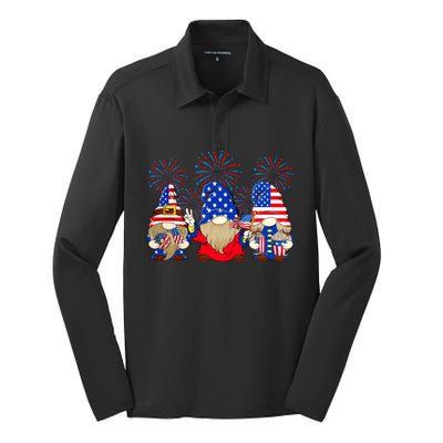 4th Of July Funny Gnomes American Flag Gnome Squad Cousin Funny Gift Silk Touch Performance Long Sleeve Polo