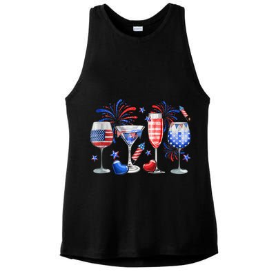 4th Of July Wine Glasses Independence Day American Flag  Ladies PosiCharge Tri-Blend Wicking Tank