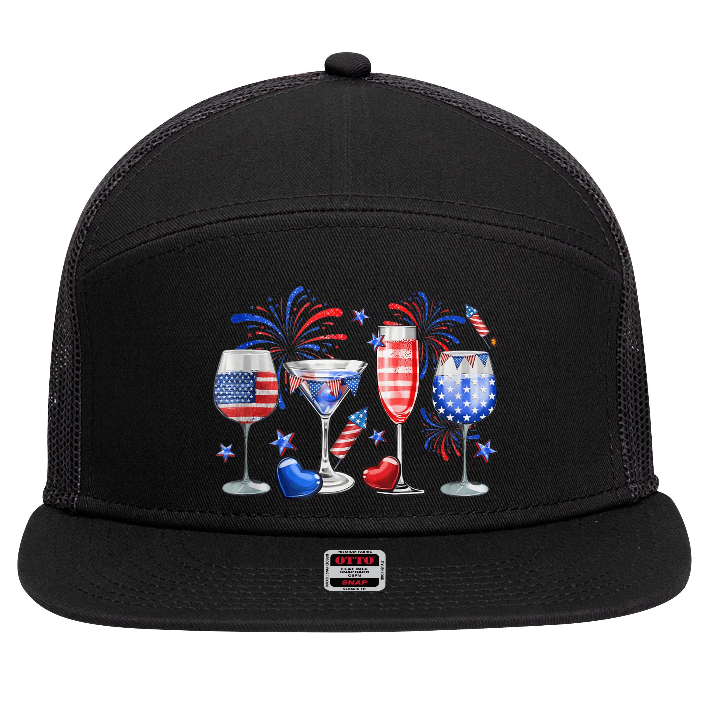 4th Of July Wine Glasses Independence Day American Flag  7 Panel Mesh Trucker Snapback Hat