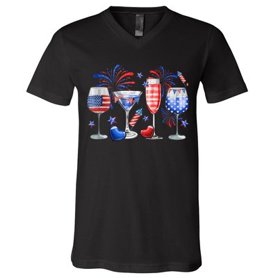 4th Of July Wine Glasses Independence Day American Flag  V-Neck T-Shirt