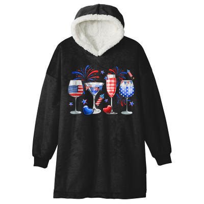 4th Of July Wine Glasses Independence Day American Flag  Hooded Wearable Blanket