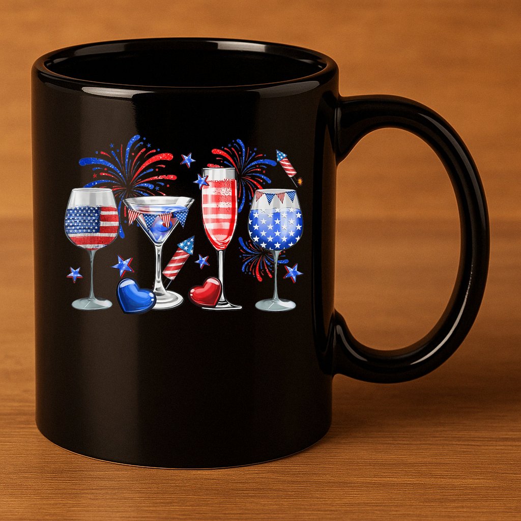 4th Of July Wine Glasses Independence Day American Flag  11oz C Handle Ceramic Mug