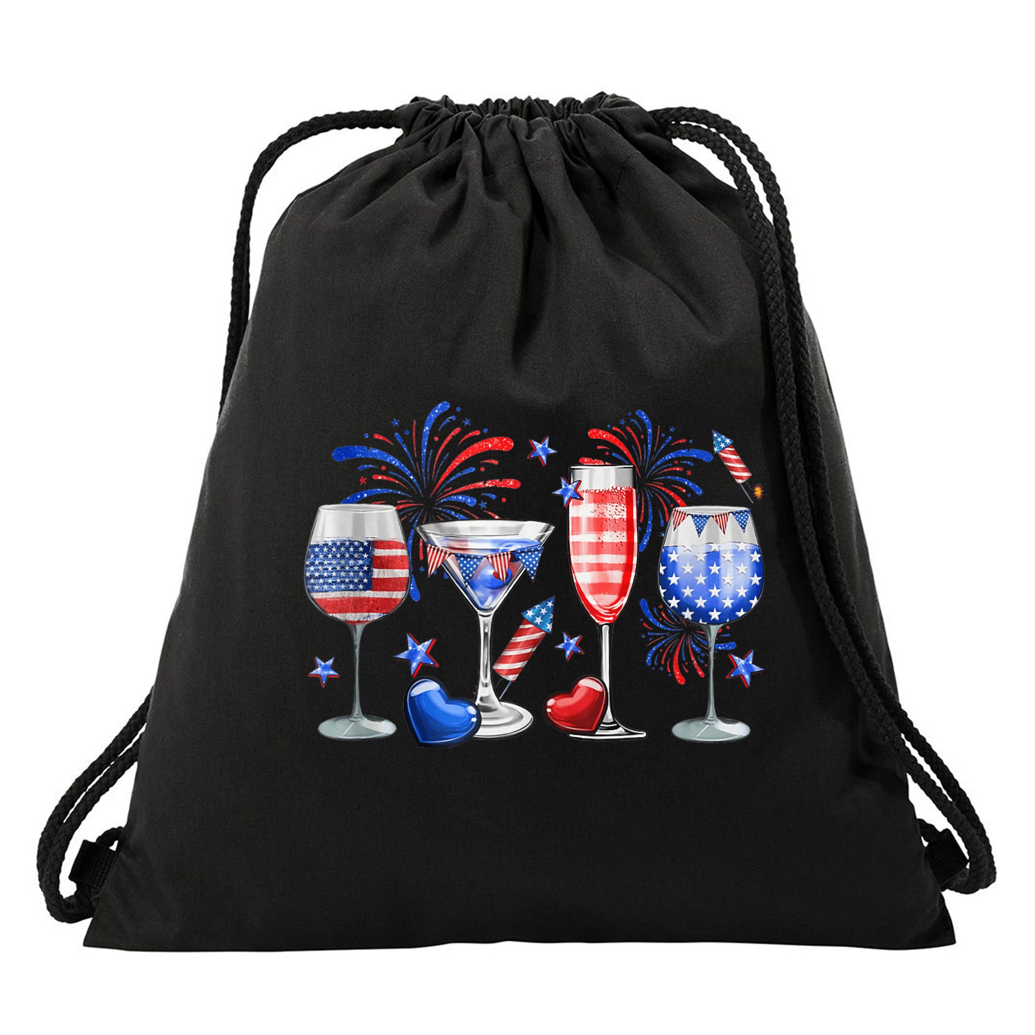 4th Of July Wine Glasses Independence Day American Flag  Drawstring Bag