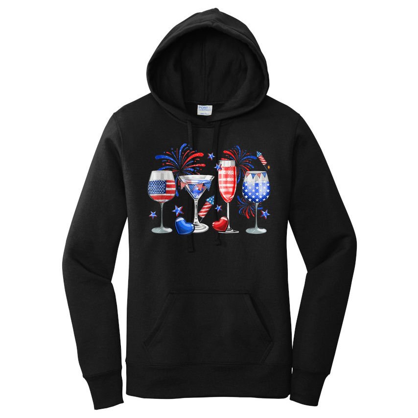 4th Of July Wine Glasses Independence Day American Flag  Women's Pullover Hoodie