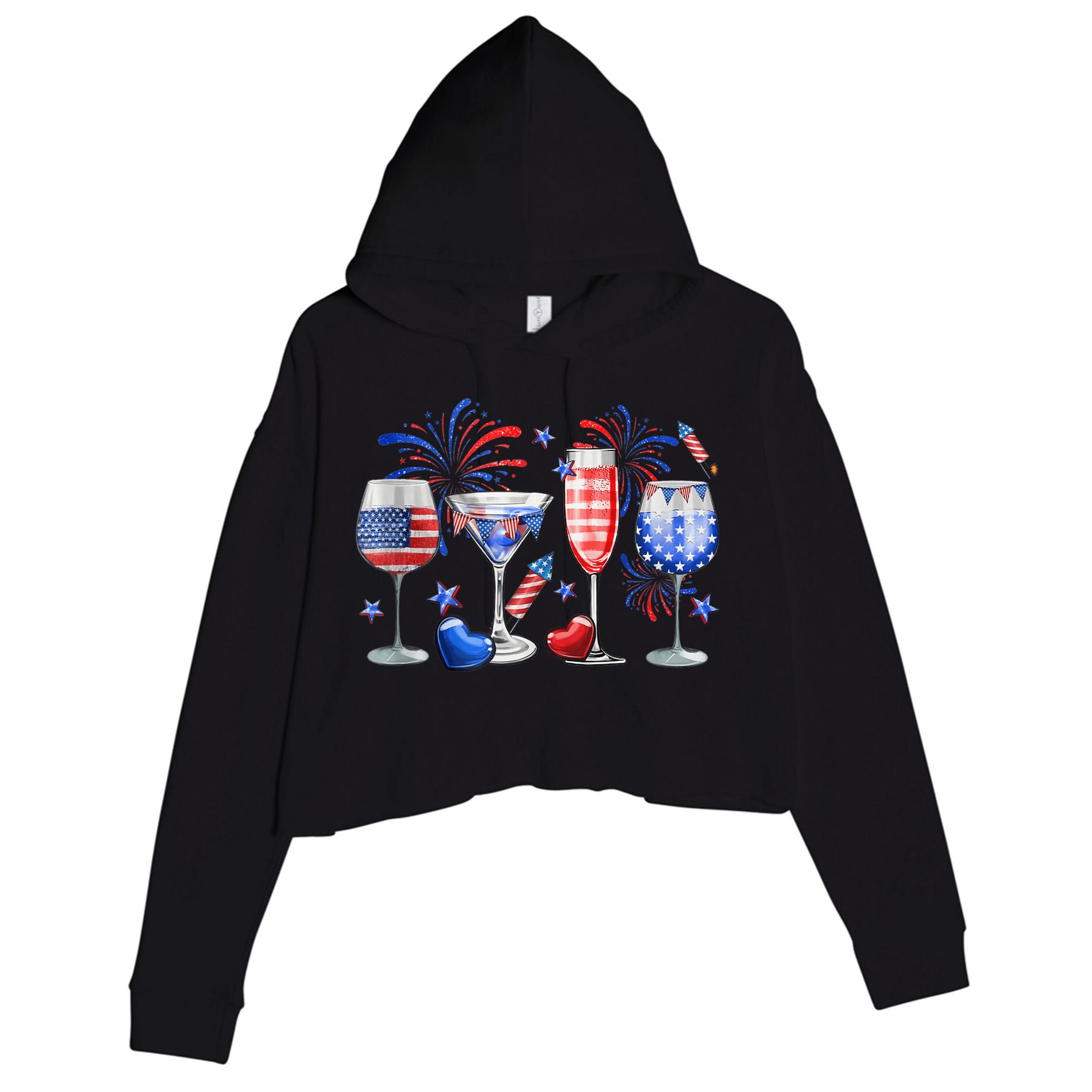 4th Of July Wine Glasses Independence Day American Flag  Crop Fleece Hoodie