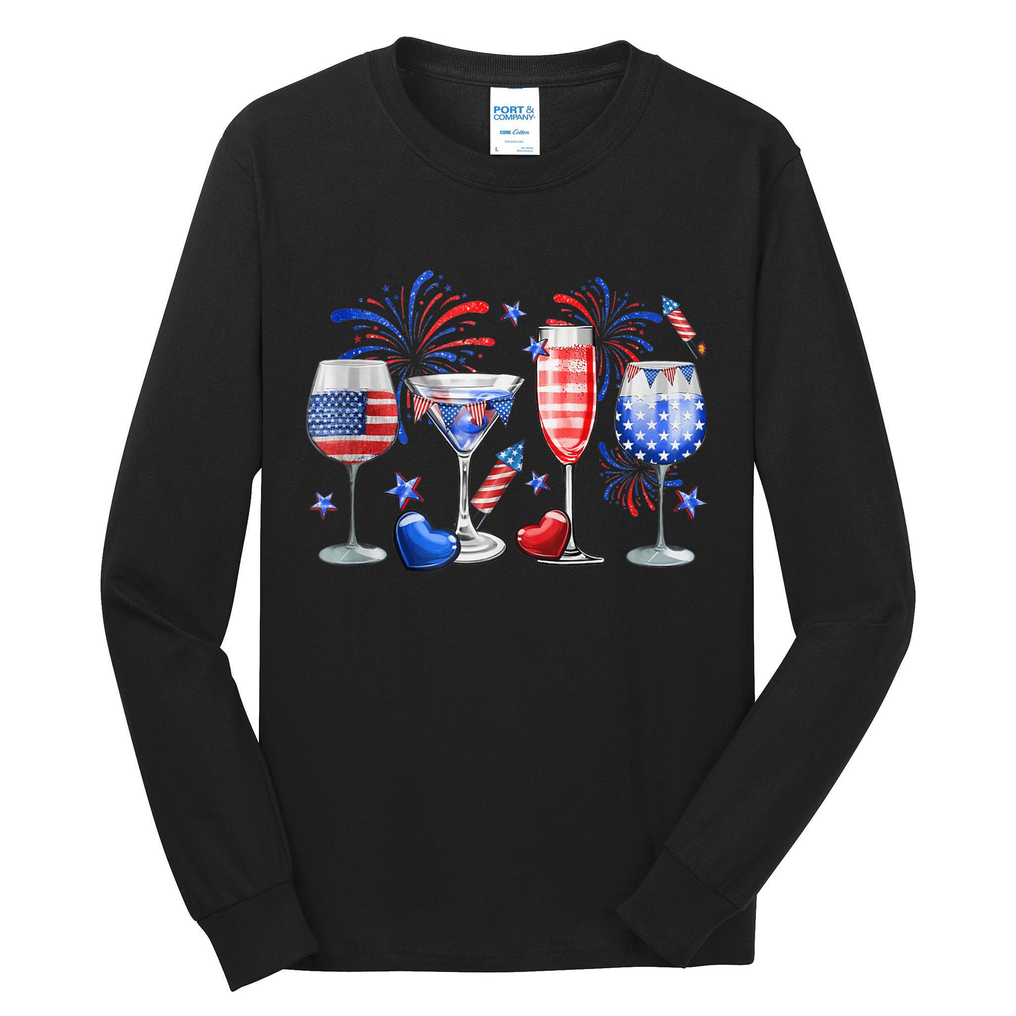 4th Of July Wine Glasses Independence Day American Flag  Tall Long Sleeve T-Shirt