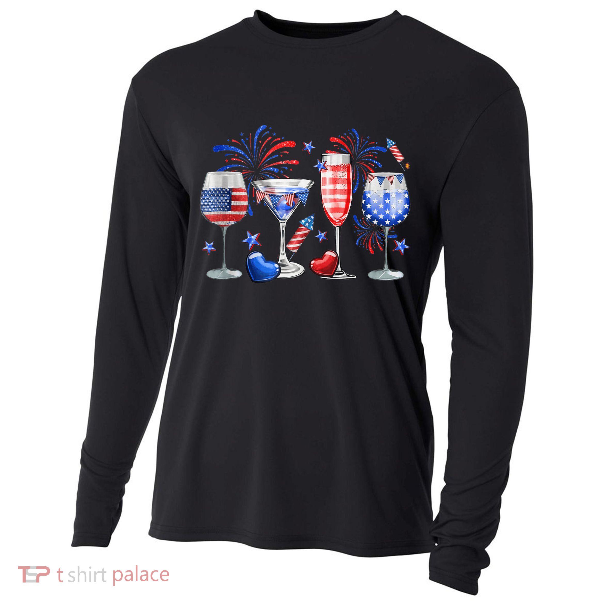 4th Of July Wine Glasses Independence Day American Flag  Cooling Performance Long Sleeve Crew