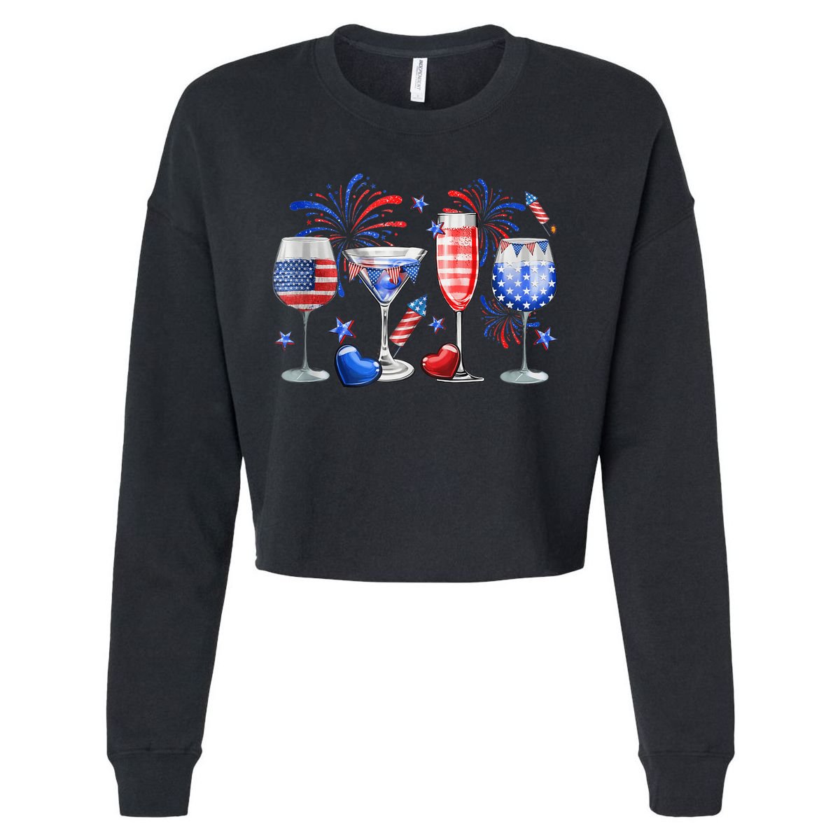 4th Of July Wine Glasses Independence Day American Flag  Cropped Pullover Crew