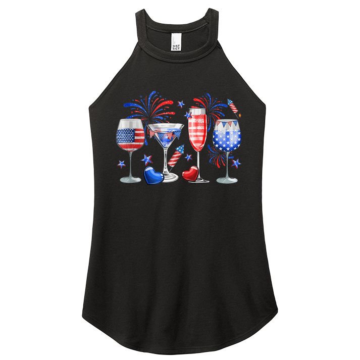 4th Of July Wine Glasses Independence Day American Flag  Women's Perfect Tri Rocker Tank