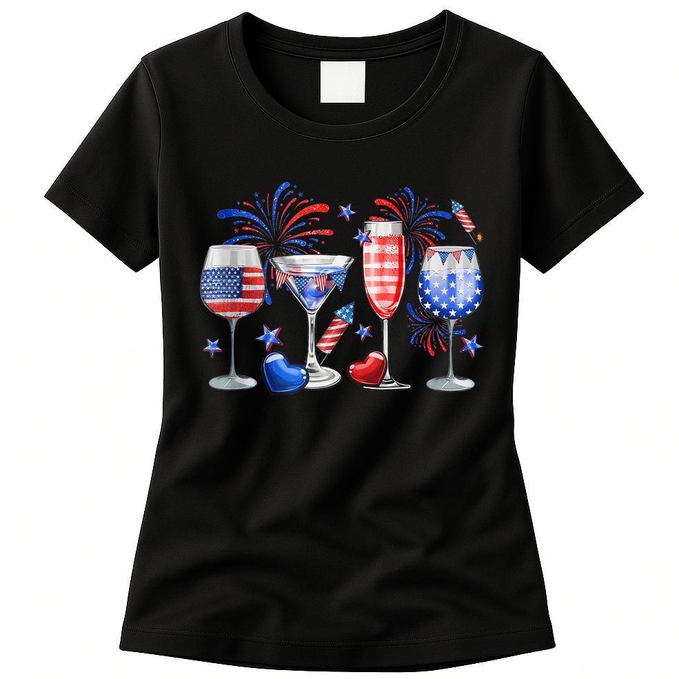 4th Of July Wine Glasses Independence Day American Flag  Womens T-Shirt