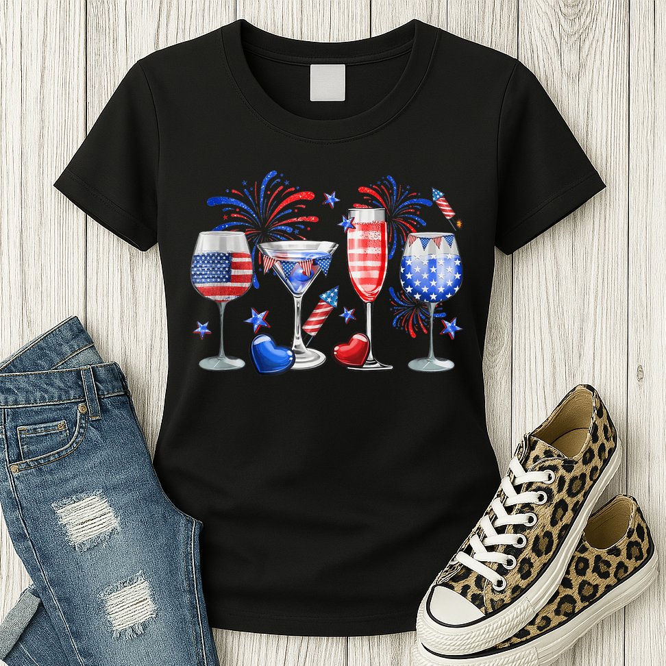 4th Of July Wine Glasses Independence Day American Flag  Womens T-Shirt