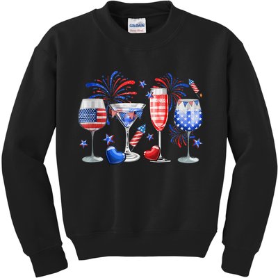4th Of July Wine Glasses Independence Day American Flag  Kids Sweatshirt