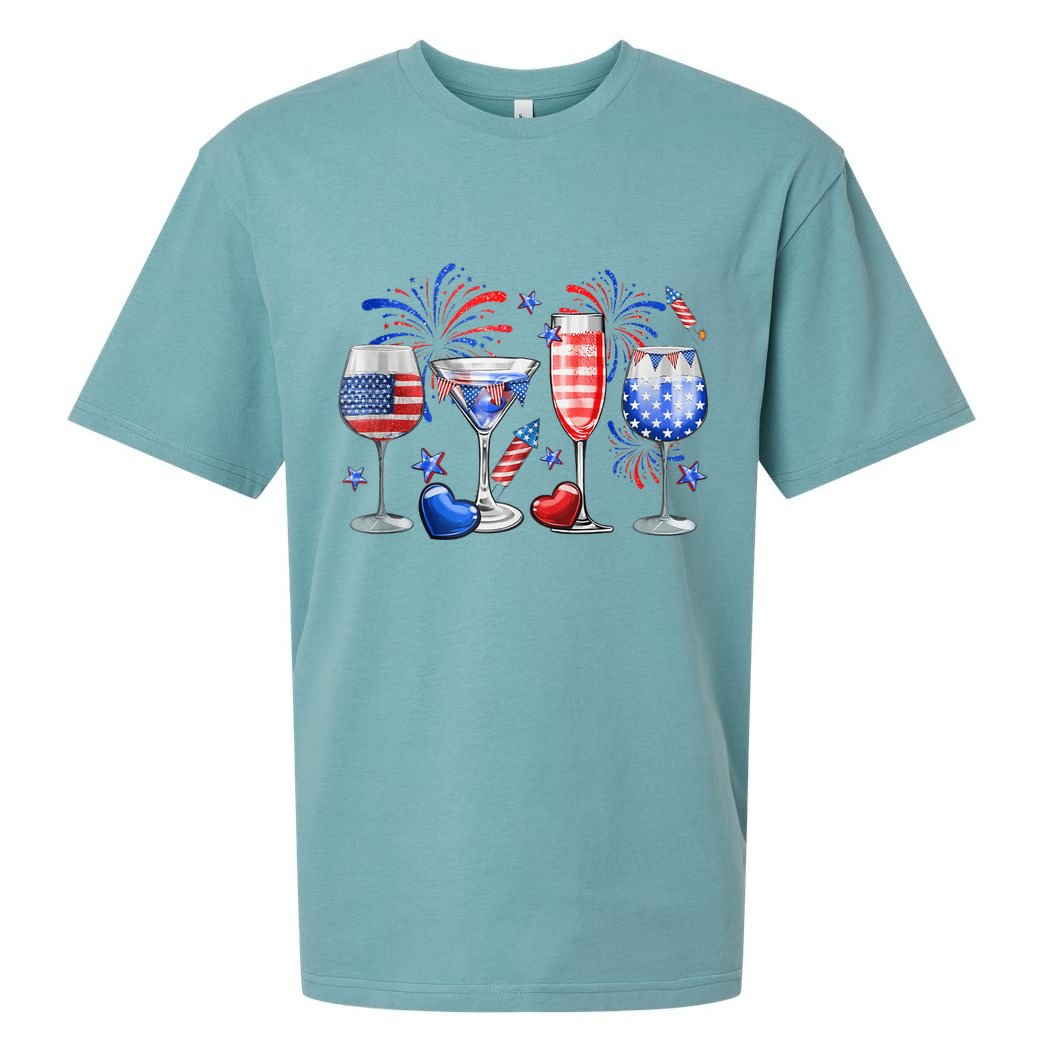4th Of July Wine Glasses Independence Day American Flag  Sueded Cloud Jersey T-Shirt