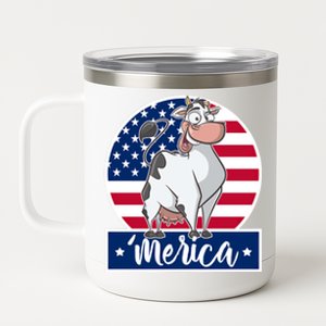 4th Of July Funny Gift 'Merica Cow And American Flag Gift 12 oz Stainless Steel Tumbler Cup