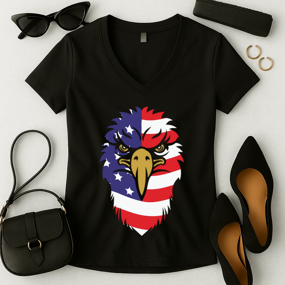4th Of July Bald Eagle With American Flag Women's V-Neck T-Shirt