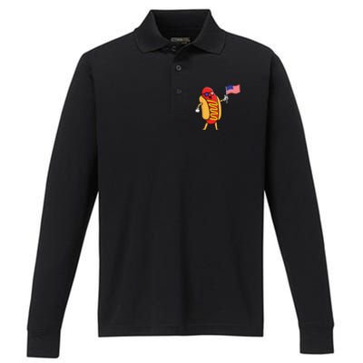 4th Of July Hot Dog Hotdog 4th Of July Performance Long Sleeve Polo