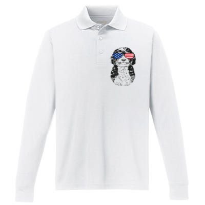 4th Of July Bernedoodle Doodle Dog Patriotic USA Sunglasses Performance Long Sleeve Polo