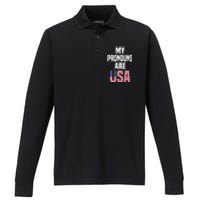 4th of July Funny My Pronouns Are USA Performance Long Sleeve Polo