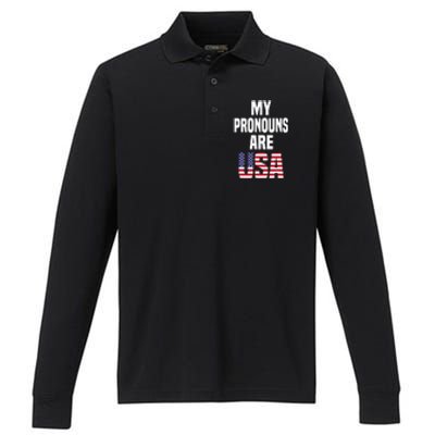 4th of July Funny My Pronouns Are USA Performance Long Sleeve Polo