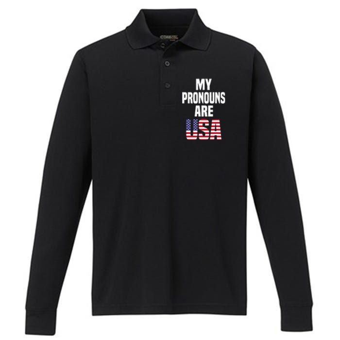 4th of July Funny My Pronouns Are USA Performance Long Sleeve Polo