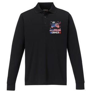 4th Of July Kids Men All American Gamer Flag Performance Long Sleeve Polo