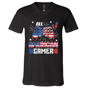 4th Of July Kids Men All American Gamer Flag V-Neck T-Shirt