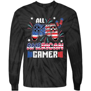 4th Of July Kids Men All American Gamer Flag Tie-Dye Long Sleeve Shirt