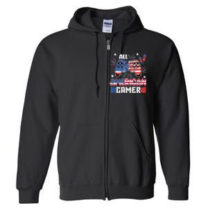 4th Of July Kids Men All American Gamer Flag Full Zip Hoodie