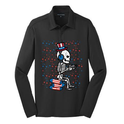 4th Of July Skeleton Gamer Funny America Kids Men Teen Silk Touch Performance Long Sleeve Polo