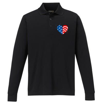 4th of JULY. LOVE HEART American Freedom USA Flag Performance Long Sleeve Polo