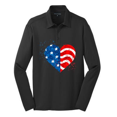 4th of JULY. LOVE HEART American Freedom USA Flag Silk Touch Performance Long Sleeve Polo