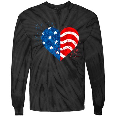 4th of JULY. LOVE HEART American Freedom USA Flag Tie-Dye Long Sleeve Shirt