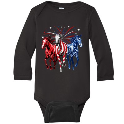 4th Of July Horse Lovers Red White And Blue American Flag Baby Long Sleeve Bodysuit