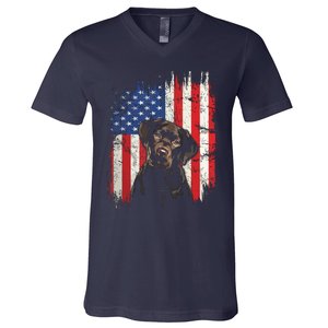 4th Of July Labrador American Flag Patriotic Chocolate Lab V-Neck T-Shirt