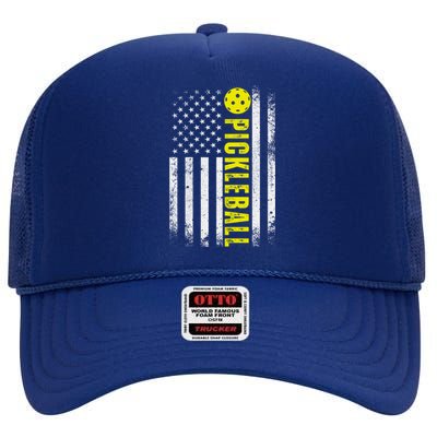 4th Of July Pickleball American Us Flag Paddleball Player Gift High Crown Mesh Back Trucker Hat