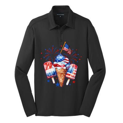 4th Of July Popsicle Red White Blue American Flag Patriotic Silk Touch Performance Long Sleeve Polo