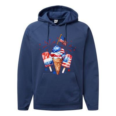 4th Of July Popsicle Red White Blue American Flag Patriotic Performance Fleece Hoodie