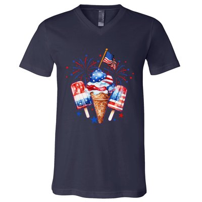 4th Of July Popsicle Red White Blue American Flag Patriotic V-Neck T-Shirt