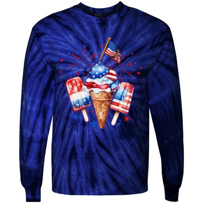 4th Of July Popsicle Red White Blue American Flag Patriotic Tie-Dye Long Sleeve Shirt