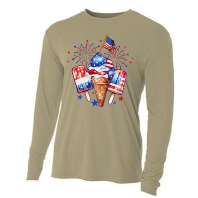 4th Of July Popsicle Red White Blue American Flag Patriotic Cooling Performance Long Sleeve Crew