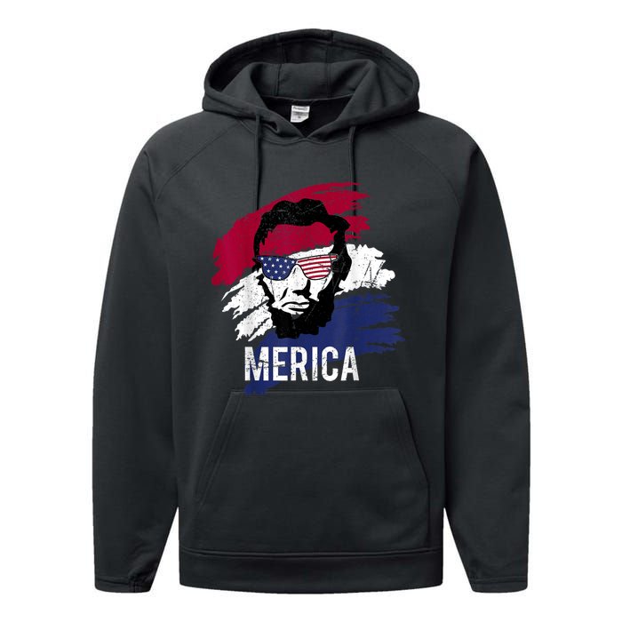 4th Of July Lincoln Merica Usa Flag Women Men Kids Performance Fleece Hoodie