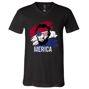 4th Of July Lincoln Merica Usa Flag Women Men Kids V-Neck T-Shirt