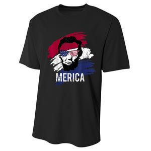 4th Of July Lincoln Merica Usa Flag Women Men Kids Performance Sprint T-Shirt