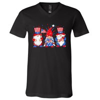 4th of July Gnomes Patriotic American Flag Cute Three Gnomes V-Neck T-Shirt