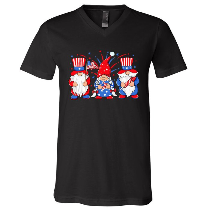 4th of July Gnomes Patriotic American Flag Cute Three Gnomes V-Neck T-Shirt