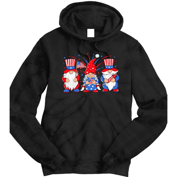 4th of July Gnomes Patriotic American Flag Cute Three Gnomes Tie Dye Hoodie