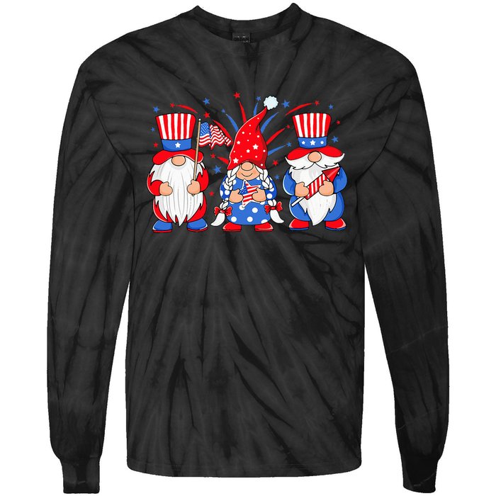 4th of July Gnomes Patriotic American Flag Cute Three Gnomes Tie-Dye Long Sleeve Shirt